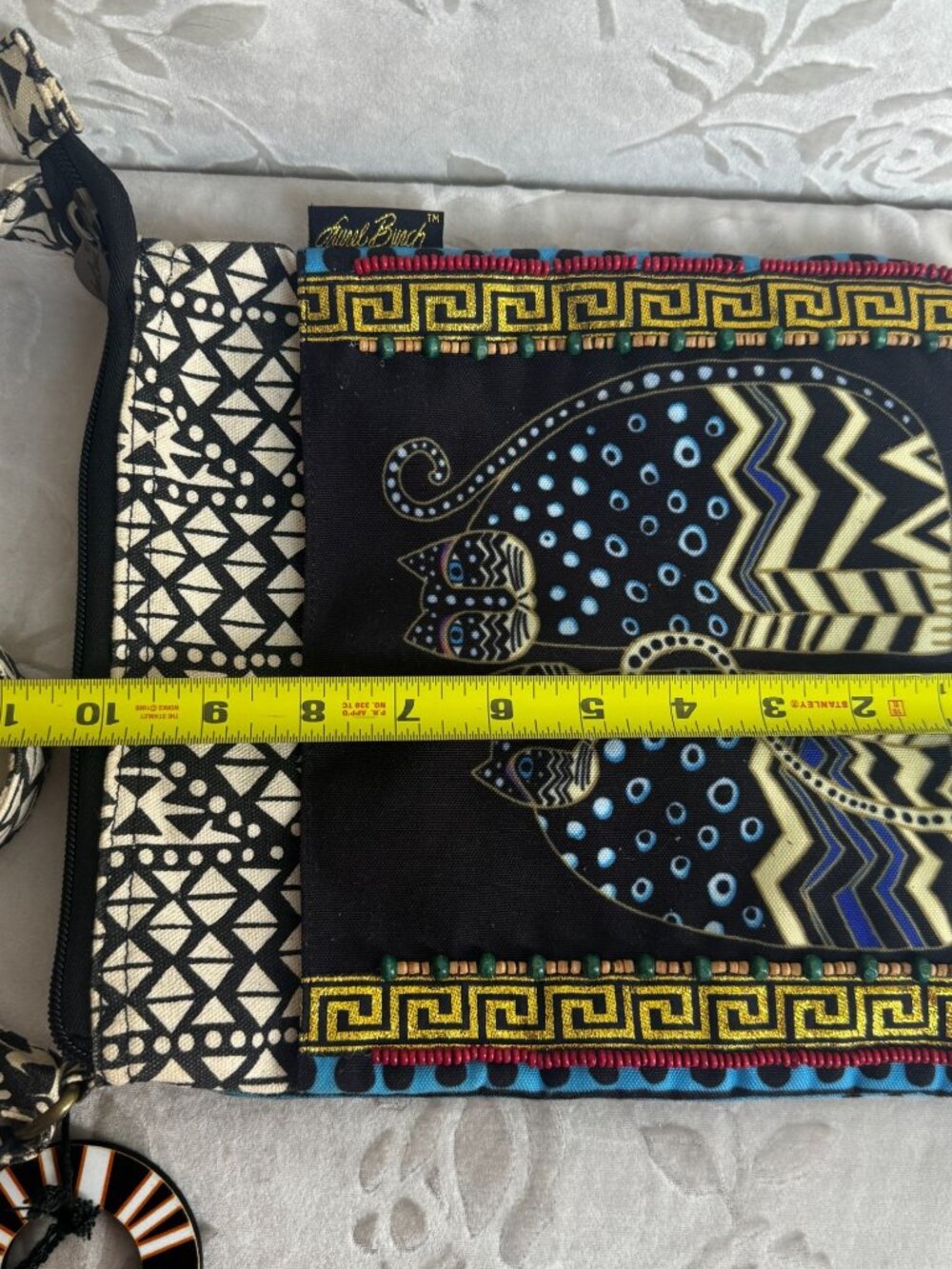 Laurel Burch Cat Print Crossbody Bag Bohemian Geometric Strap & Beaded details - Picture 9 of 13